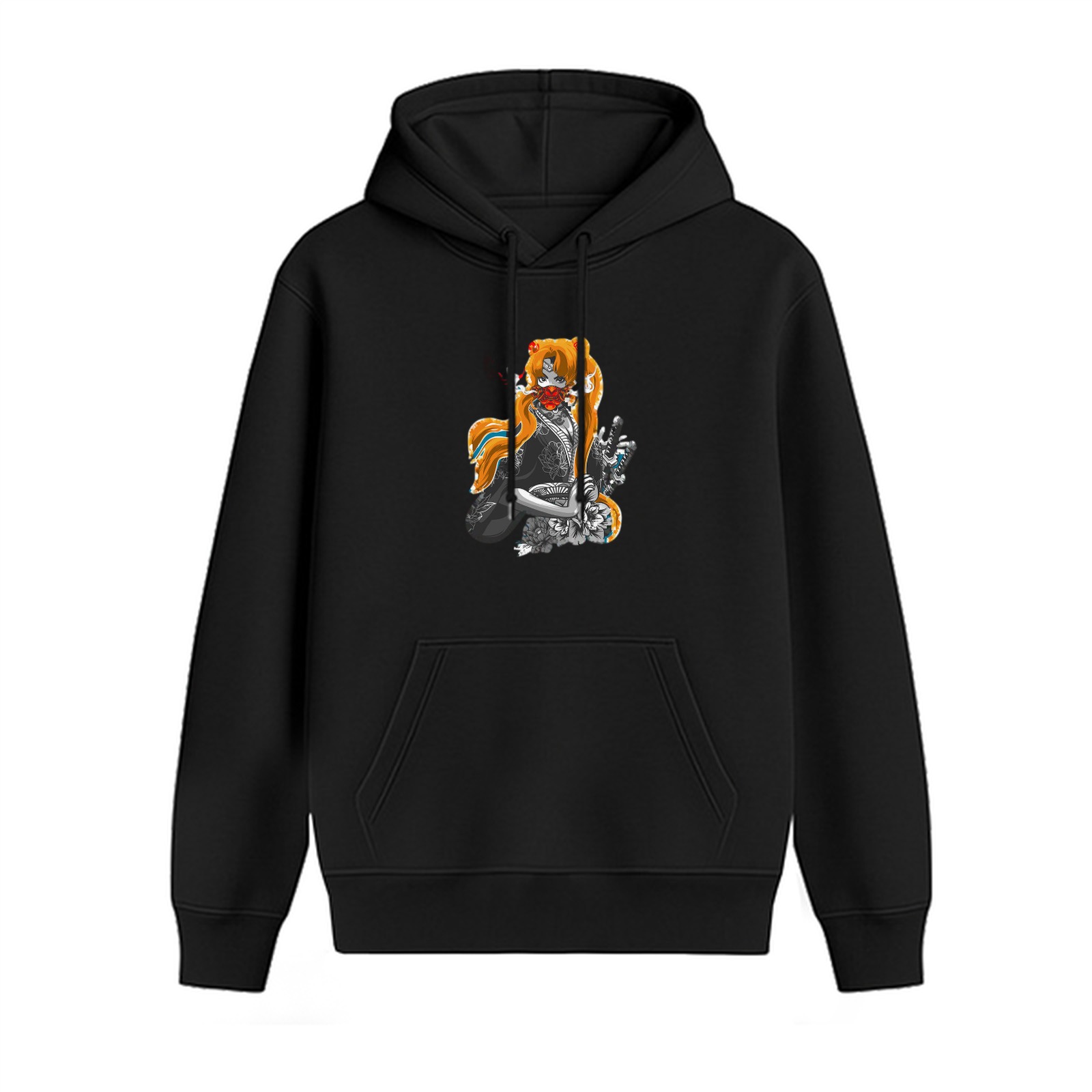 Black hoodie with anime character graphic print