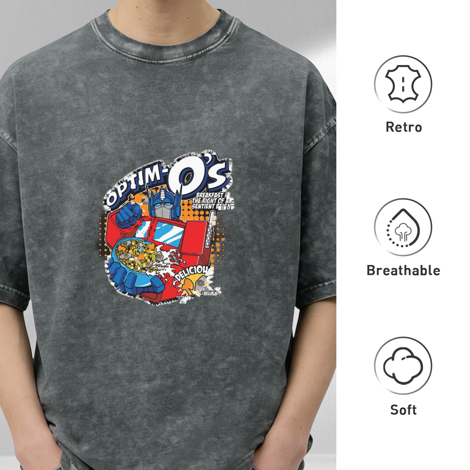 Washed Black T-Shirt with Optim-O's Transformers Graphic Print