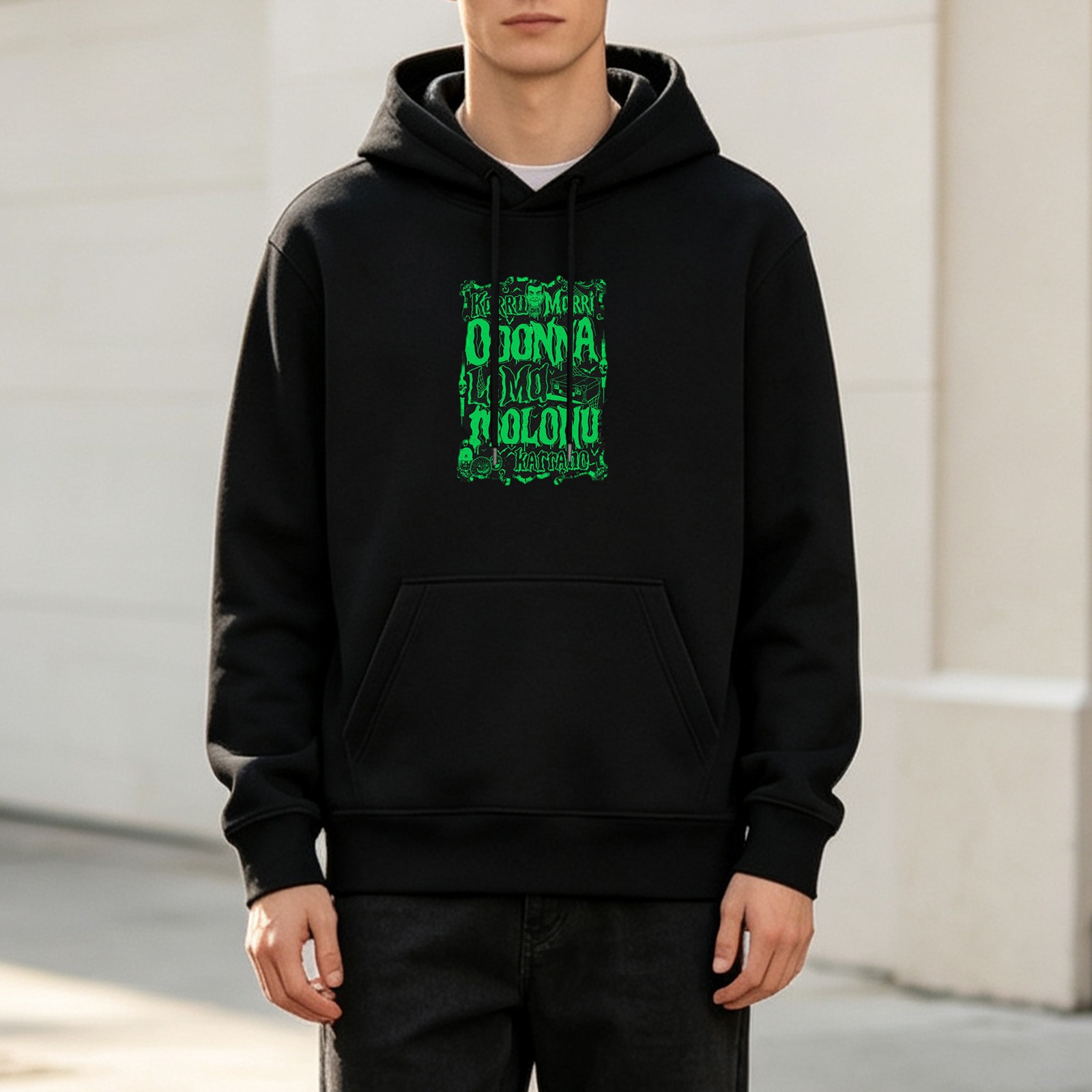 Black hoodie with bright green graphic text print