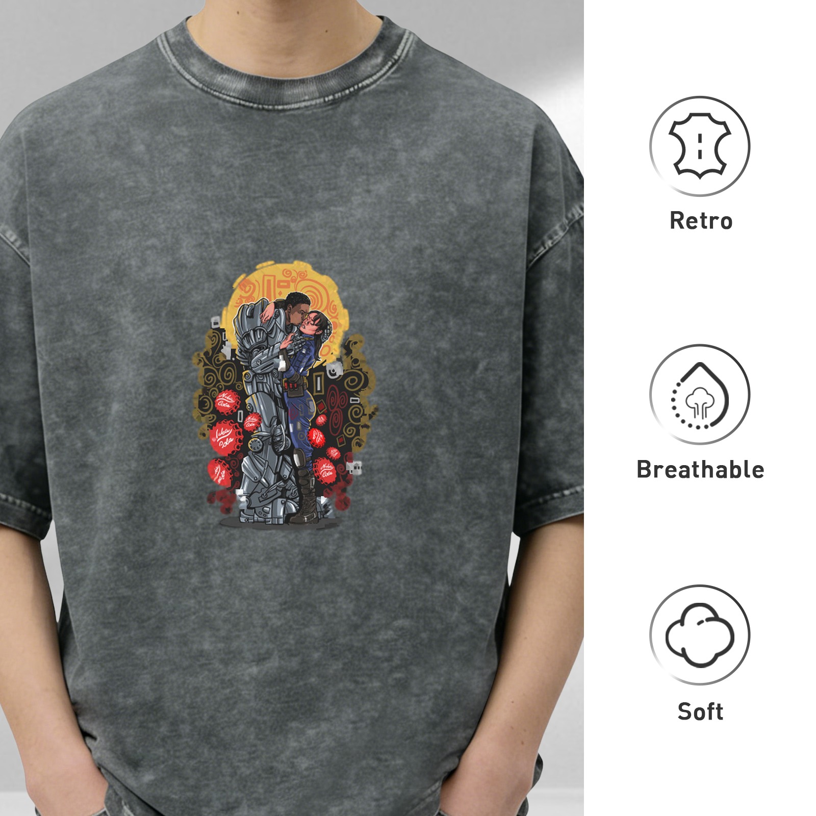 Washed Black Graphic T-Shirt with Sci-Fi Robot and Woman Kissing Design