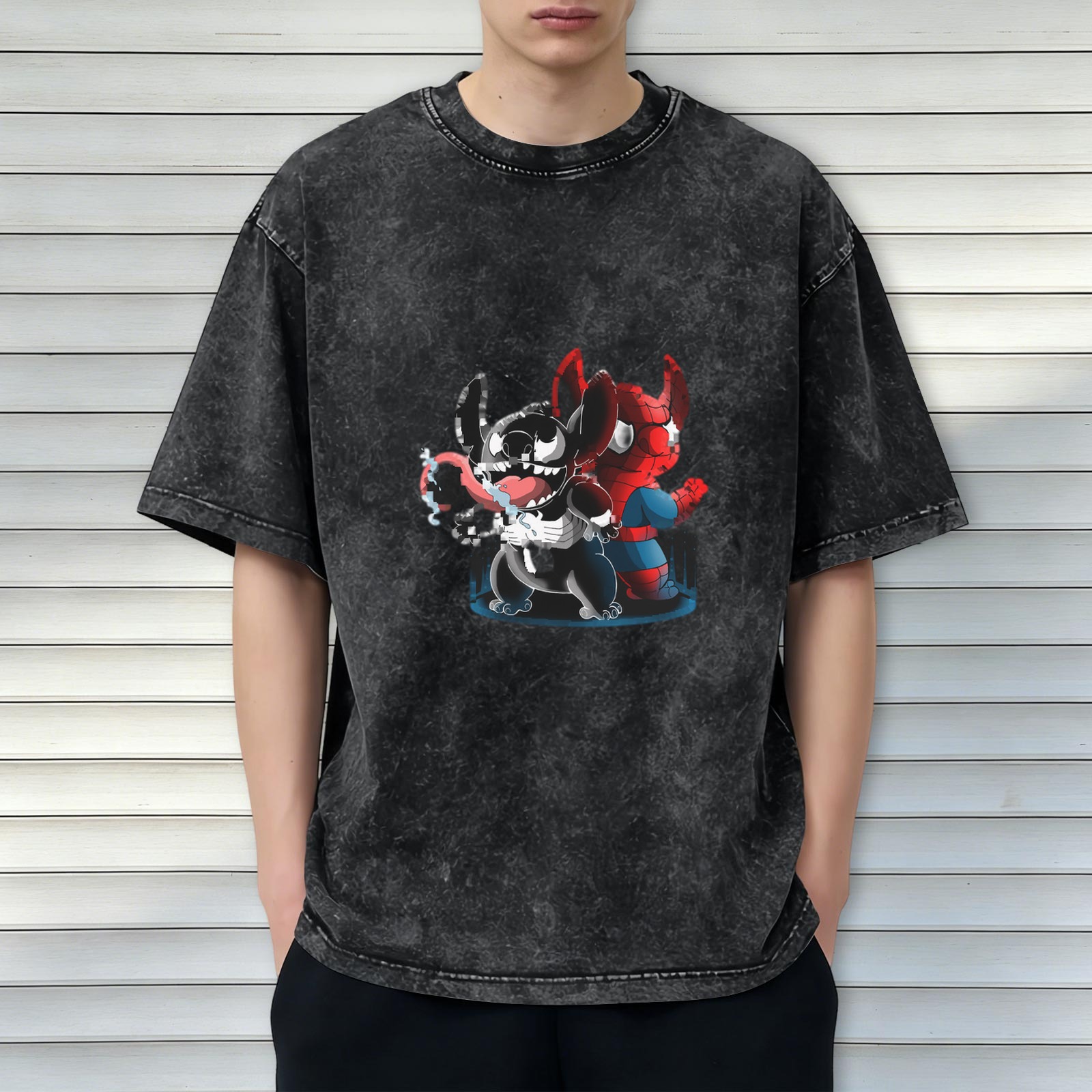 Oversized Acid Wash T-Shirt with Stitch Venom and Spider-Man Graphic