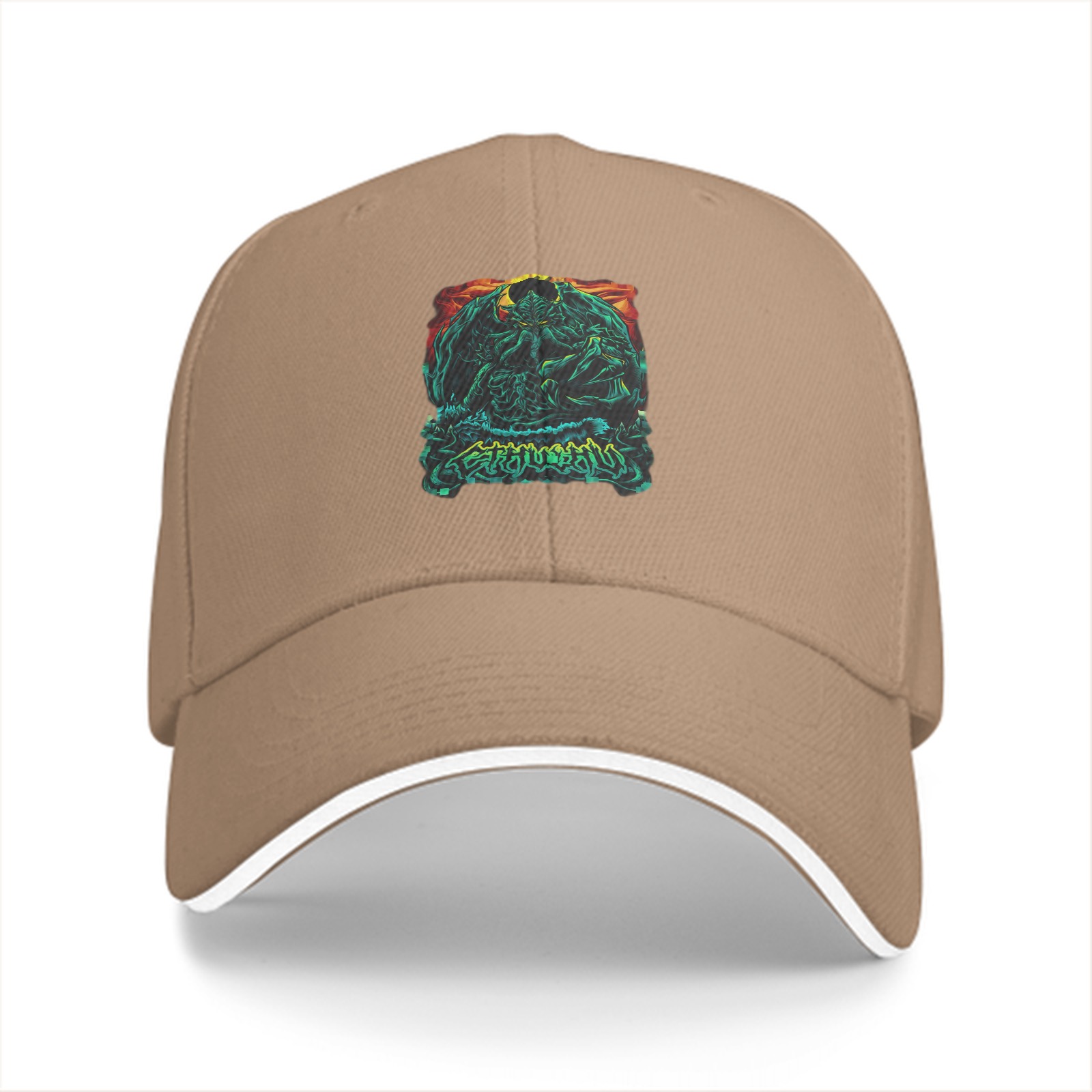 Black Baseball Cap With Dark Fantasy Monster Graphic Print