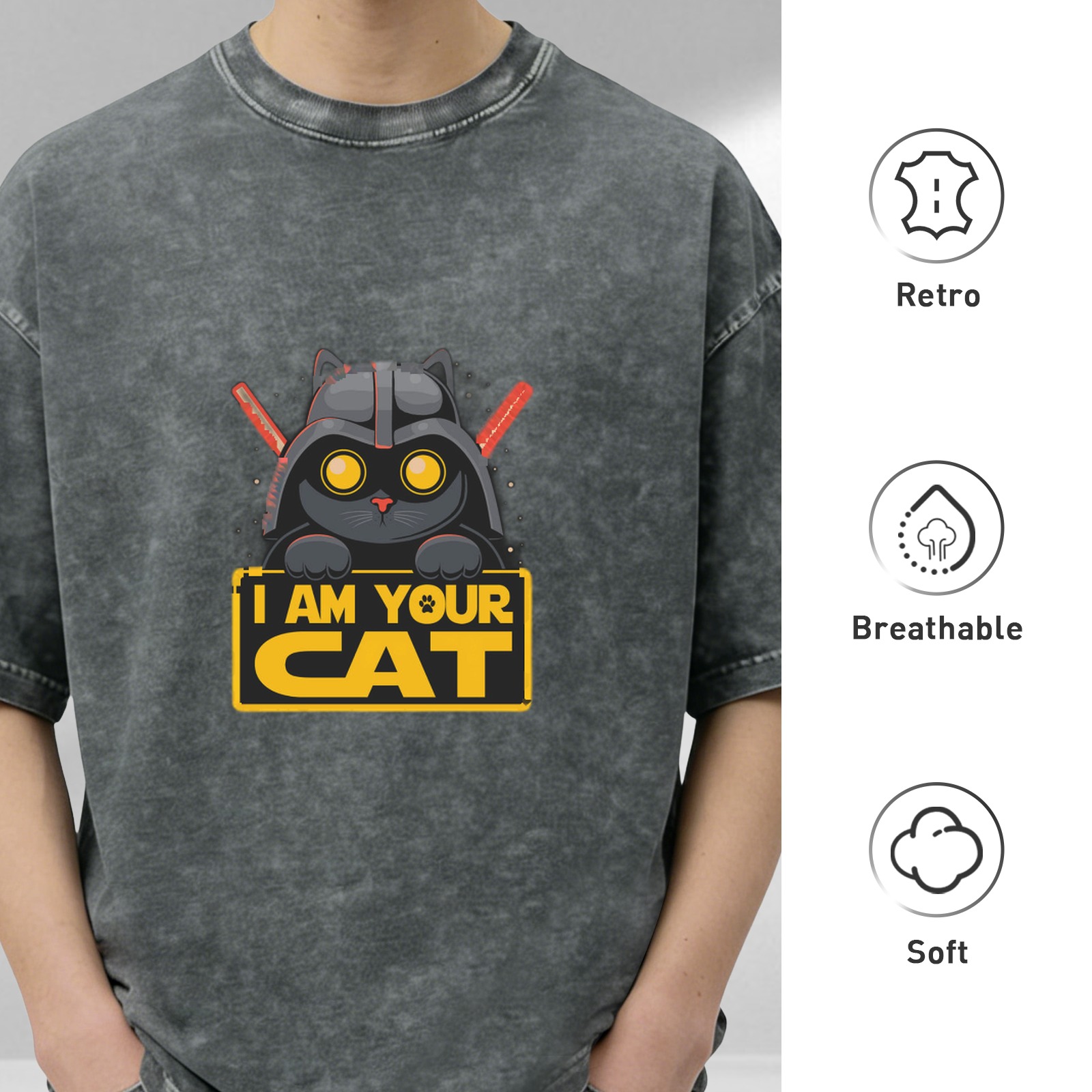 I Am Your Cat Darth Vader Parody Black Acid Wash T-Shirt