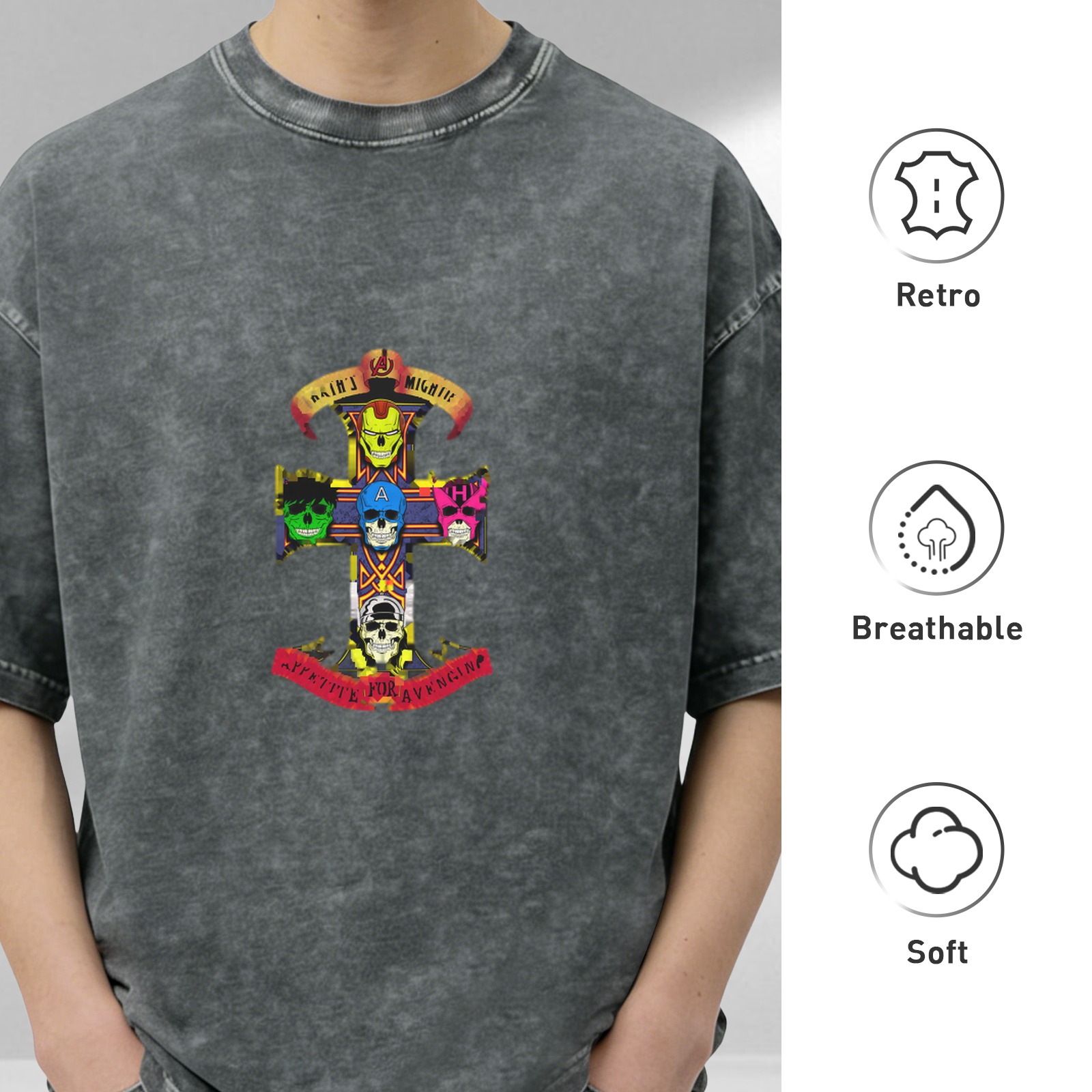 Washed black t-shirt with superhero skull cross graphic design