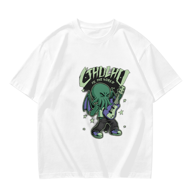 Olive T-Shirt Featuring Chibi Cthulhu Rocking a Guitar