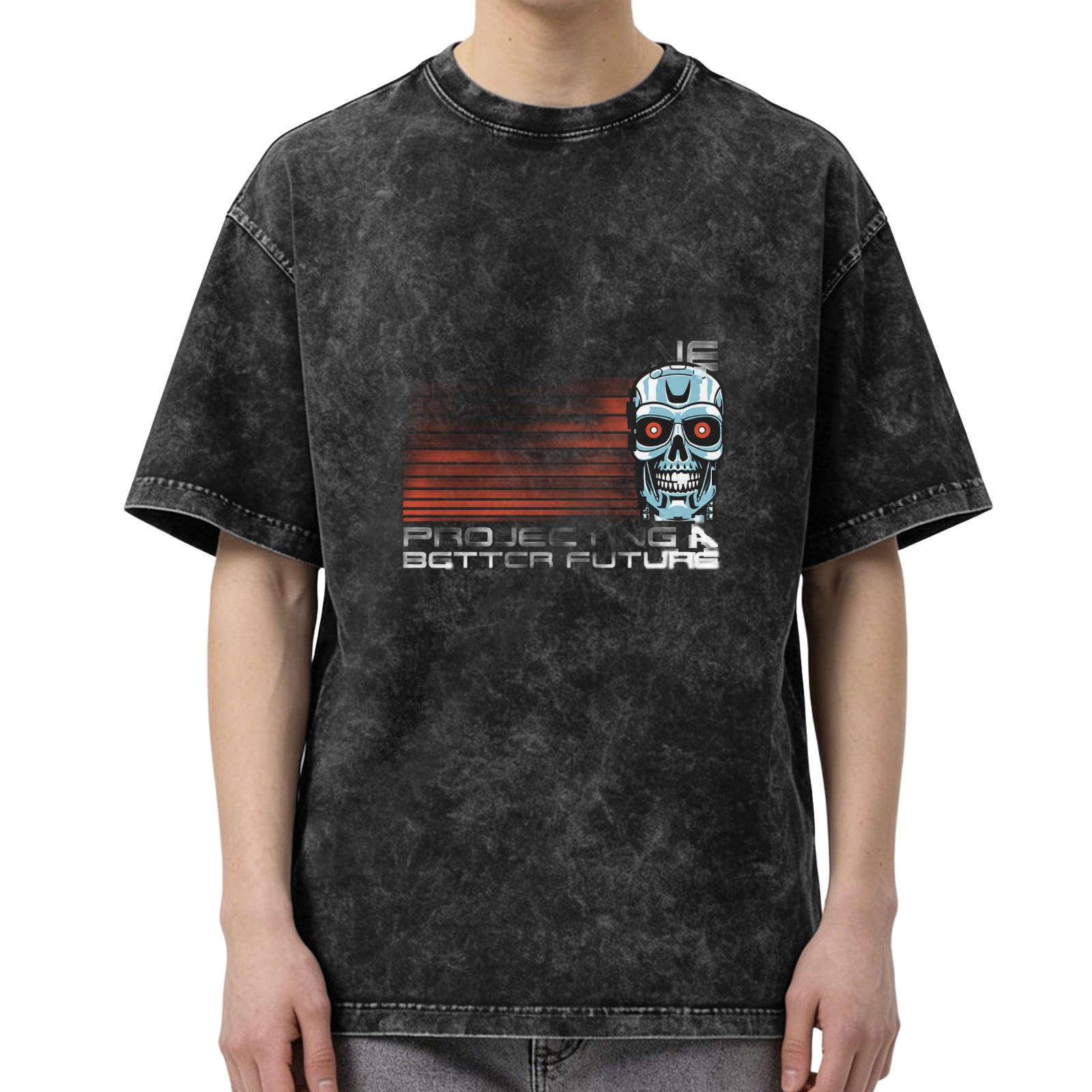 Washed Black Graphic T-Shirt with Terminator Skull Projecting A Better Future