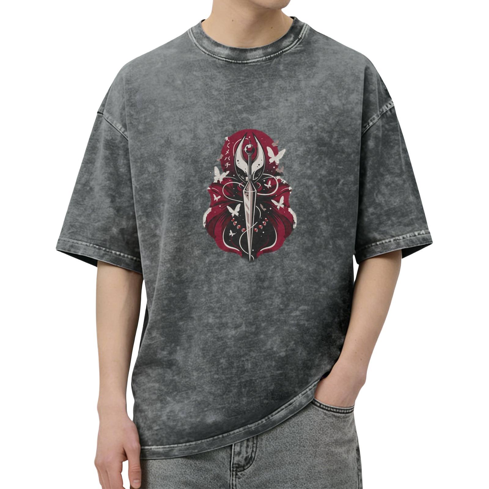 Washed Black T-Shirt With Fantasy Sword And Butterfly Graphic