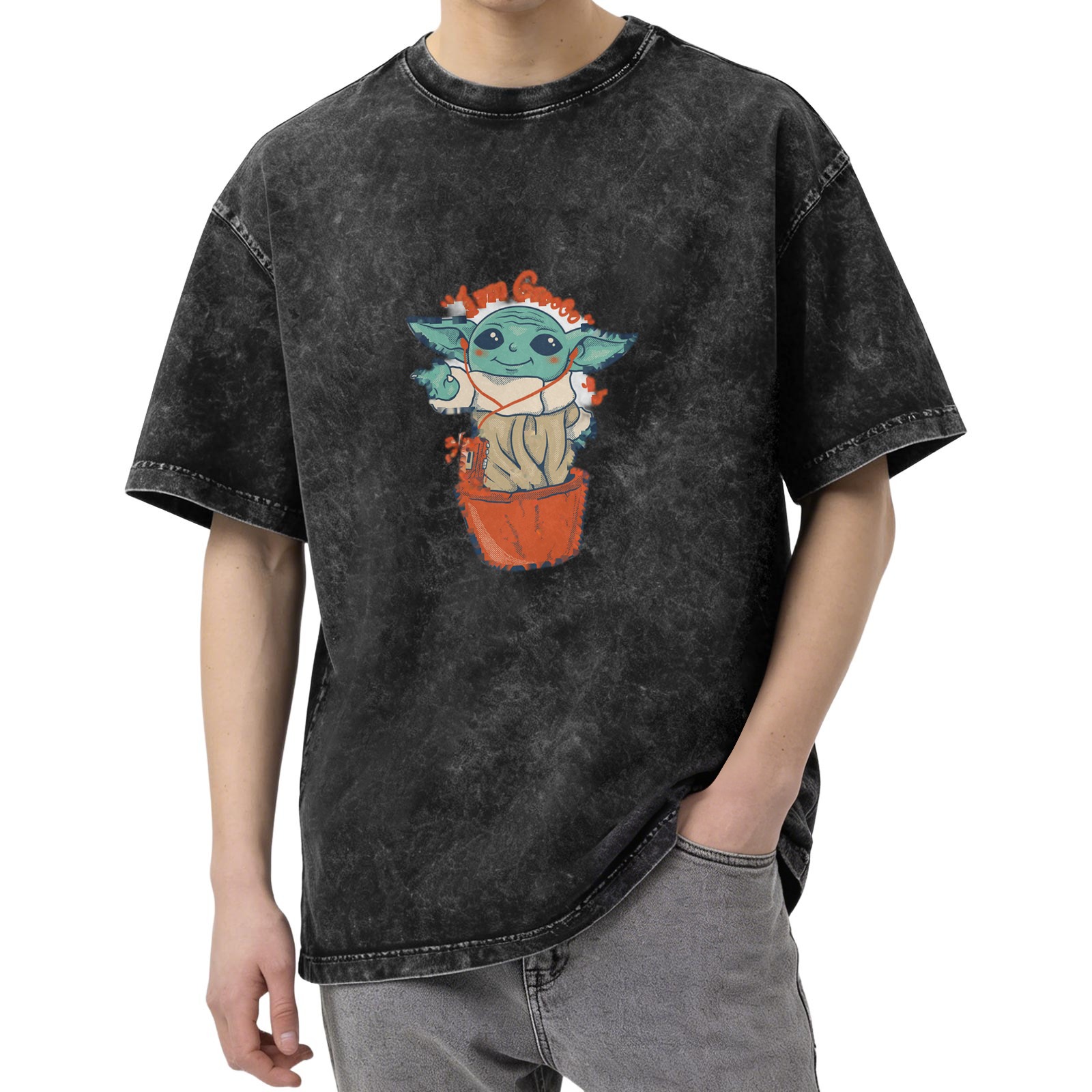 Baby Yoda Christmas Graphic Dark Wash T-Shirt