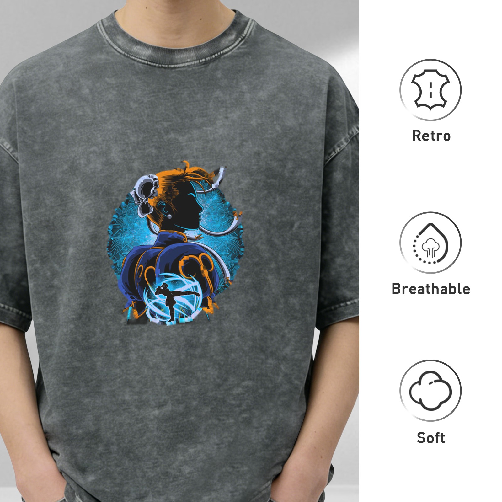 Oversized Dark Wash T-Shirt With Chun-Li Street Fighter Graphic