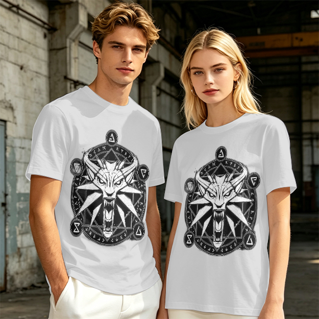 Olive T-Shirt With Witcher Wolf Medallion Magic Circle Print