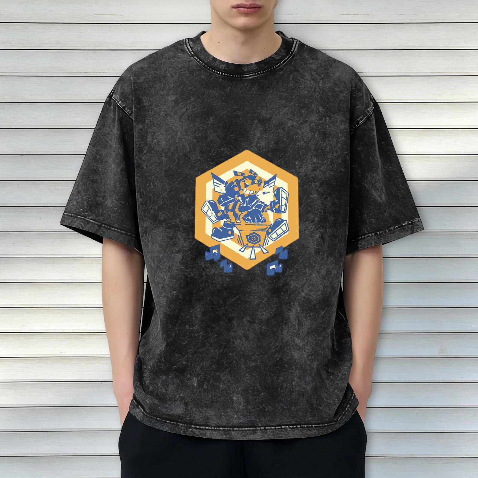 Oversized Acid Wash T-Shirt With Hexagon Robot Graphic Print