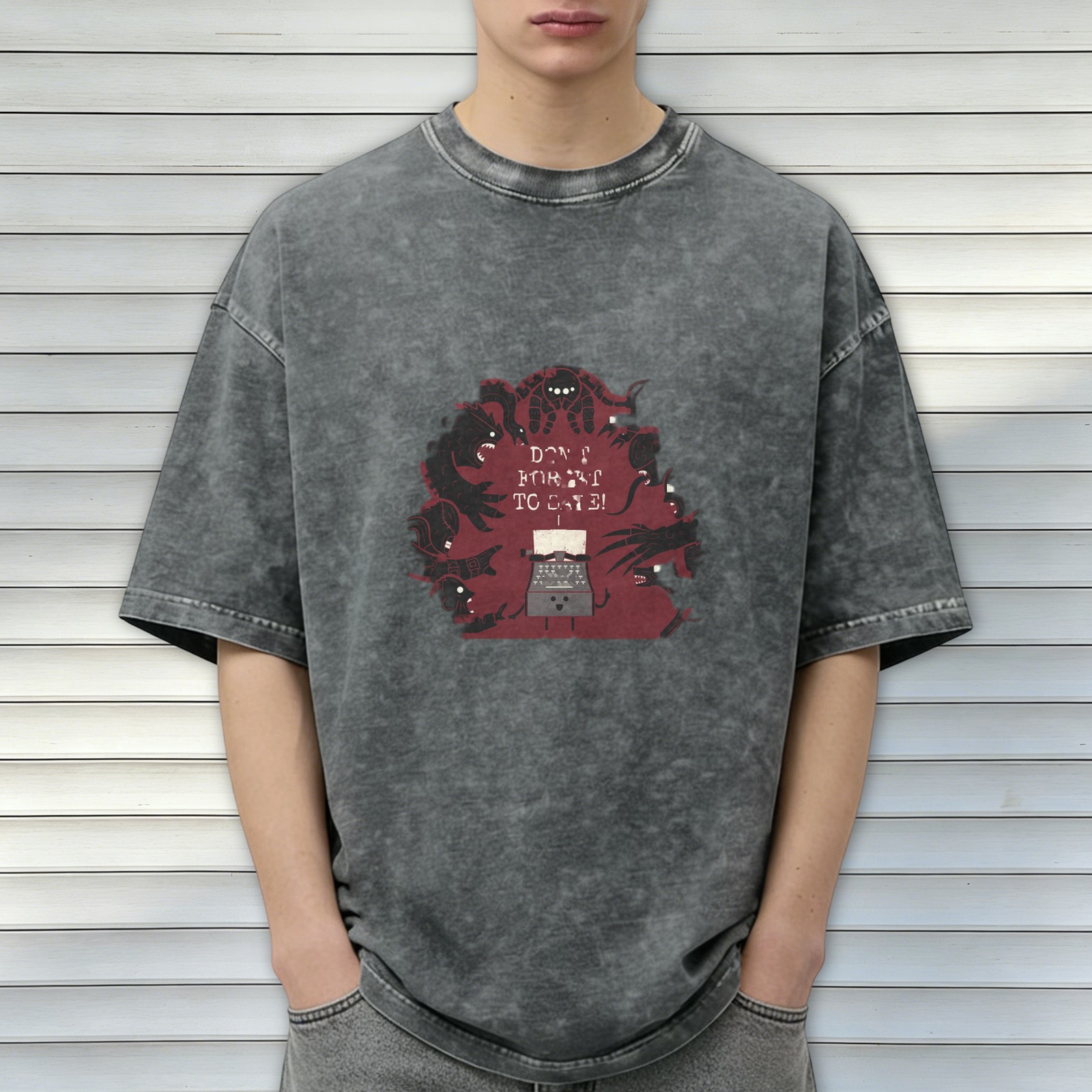 oversized acid wash t-shirt with horror monster typewriter graphic