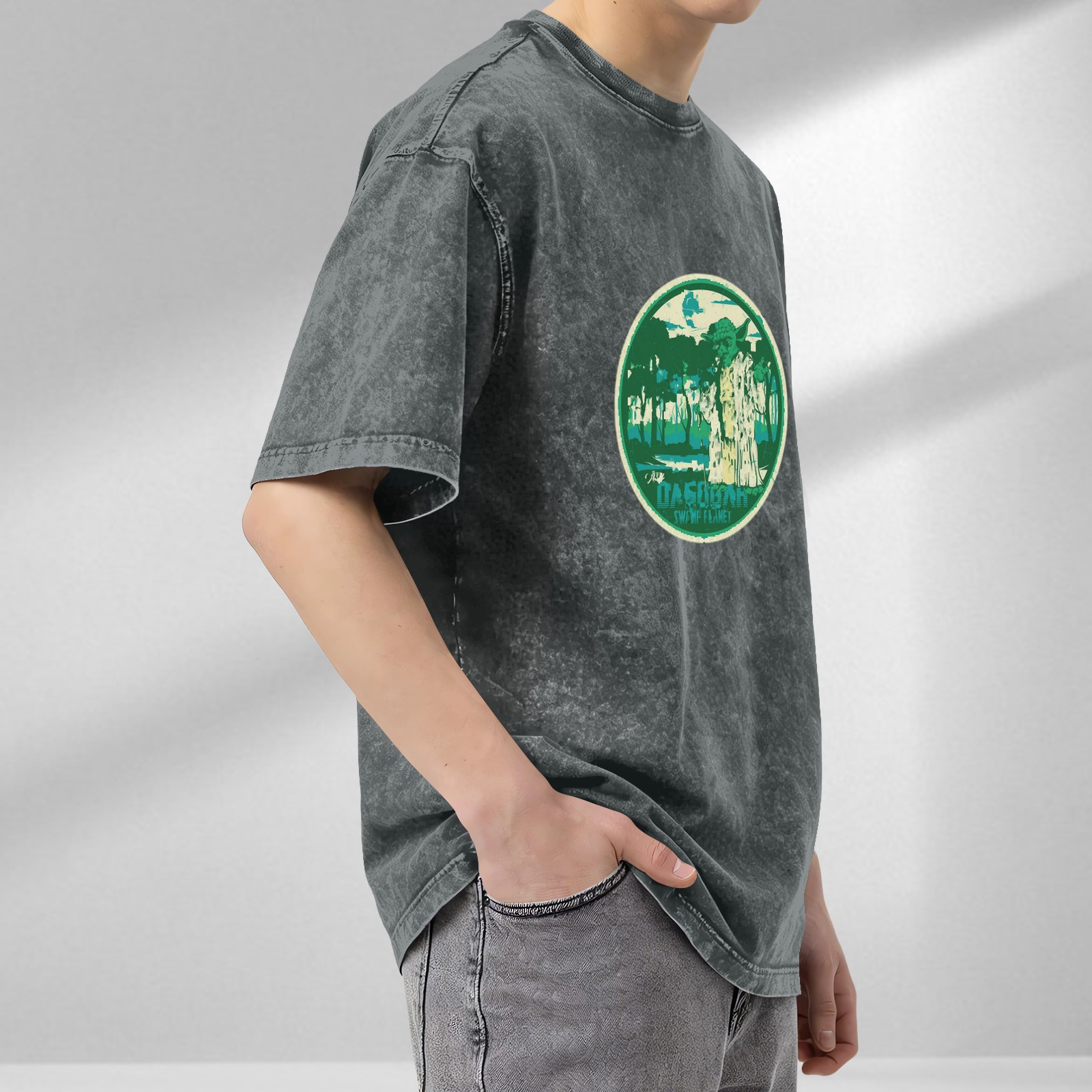 Oversized Acid Wash T-Shirt with Swamp Planet Graphic Print