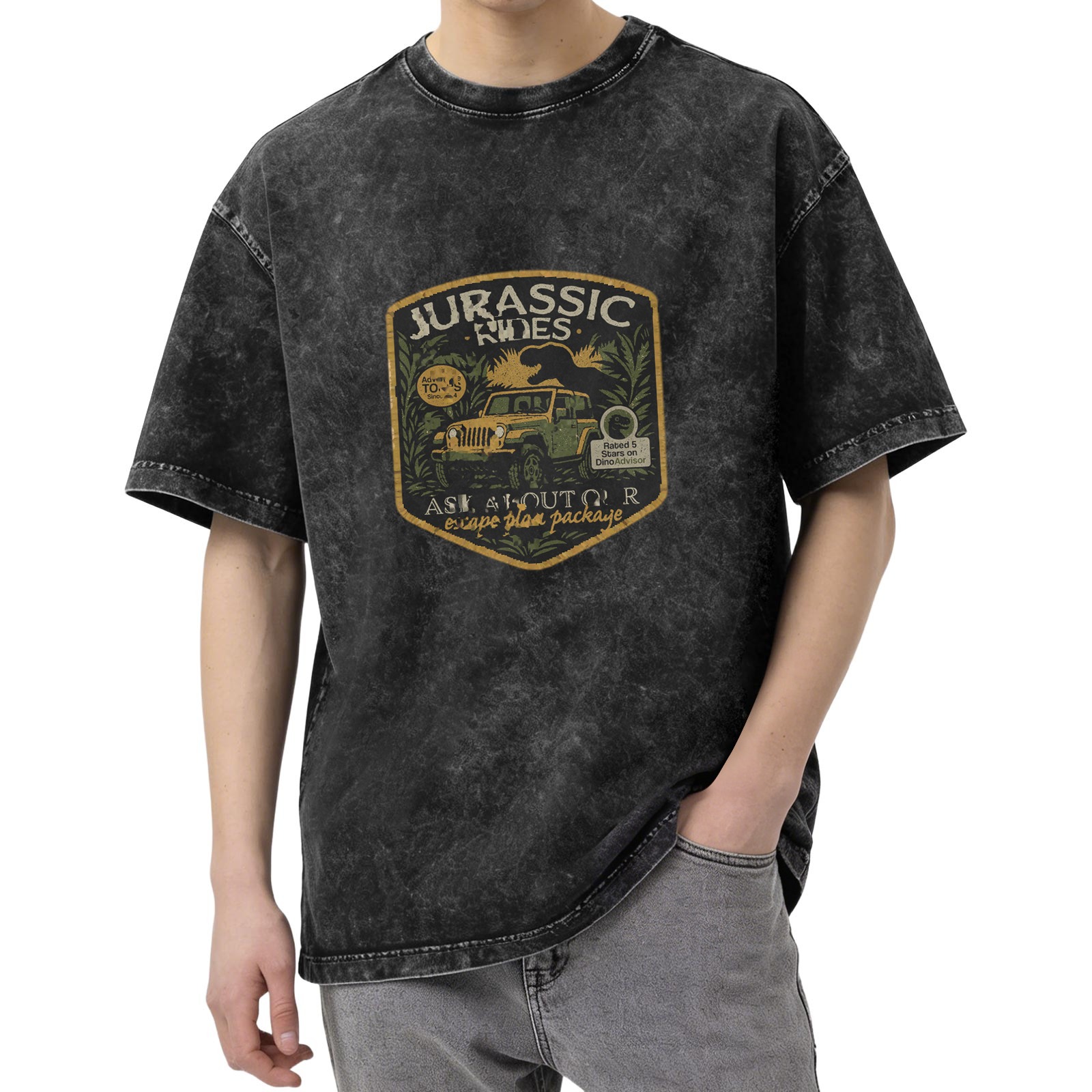 Jurassic Rides Graphic Print Acid Wash Oversized T-Shirt