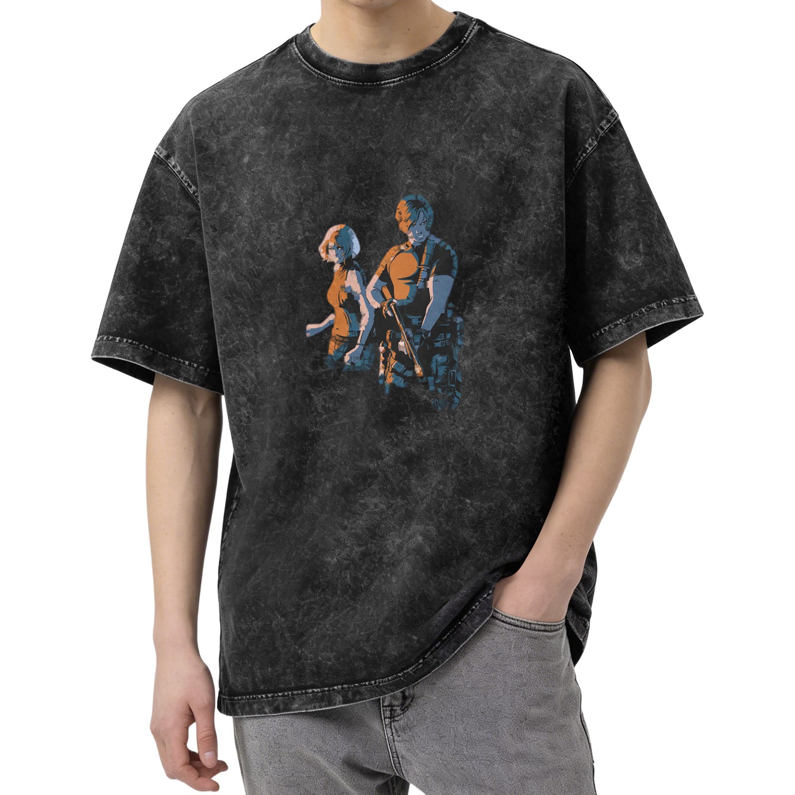 Oversized Dark Wash T-Shirt With Two Character Graphic Print
