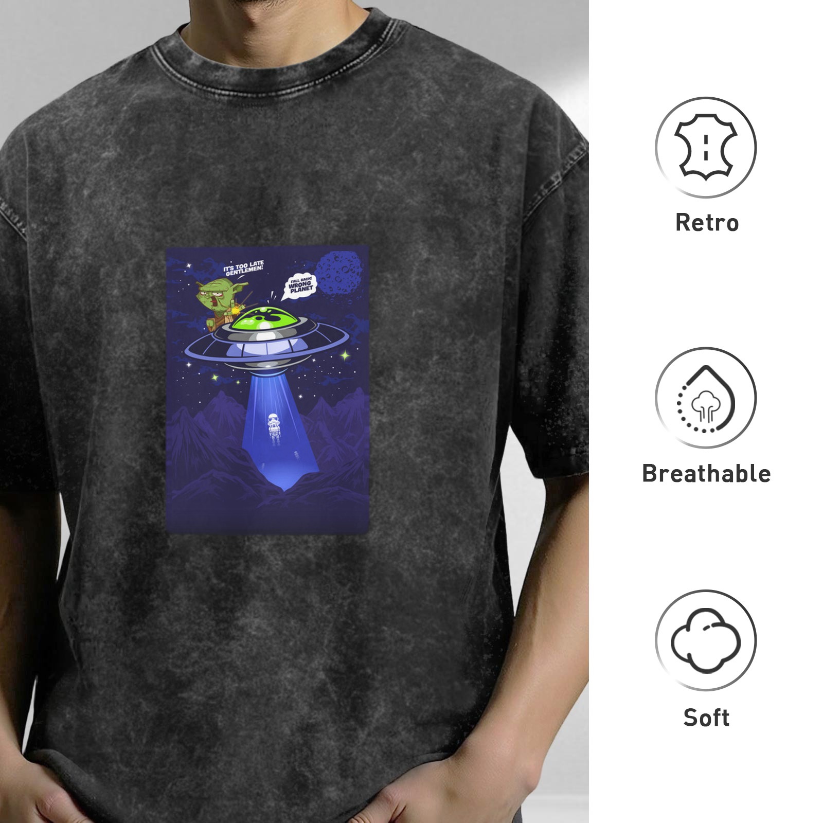 Oversized acid wash t-shirt with alien UFO abduction graphic