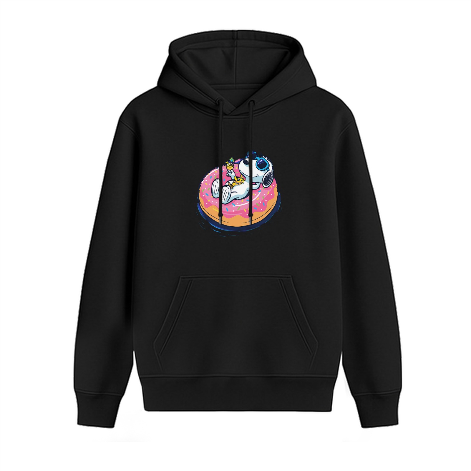 Black hoodie with Snoopy astronaut on donut float graphic
