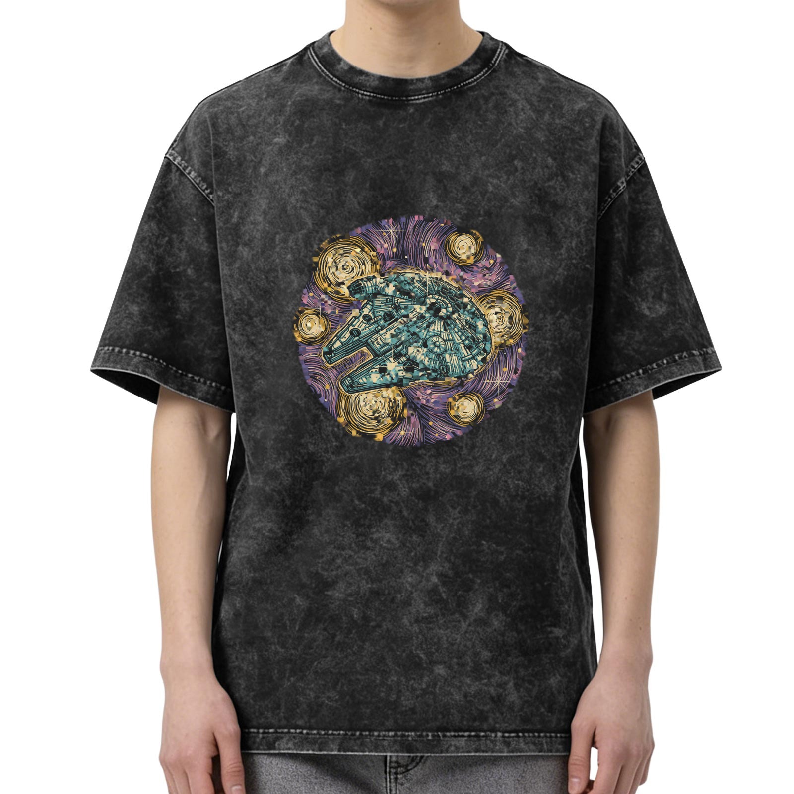 Washed Graphic T-Shirt With Starry Space Ship Art