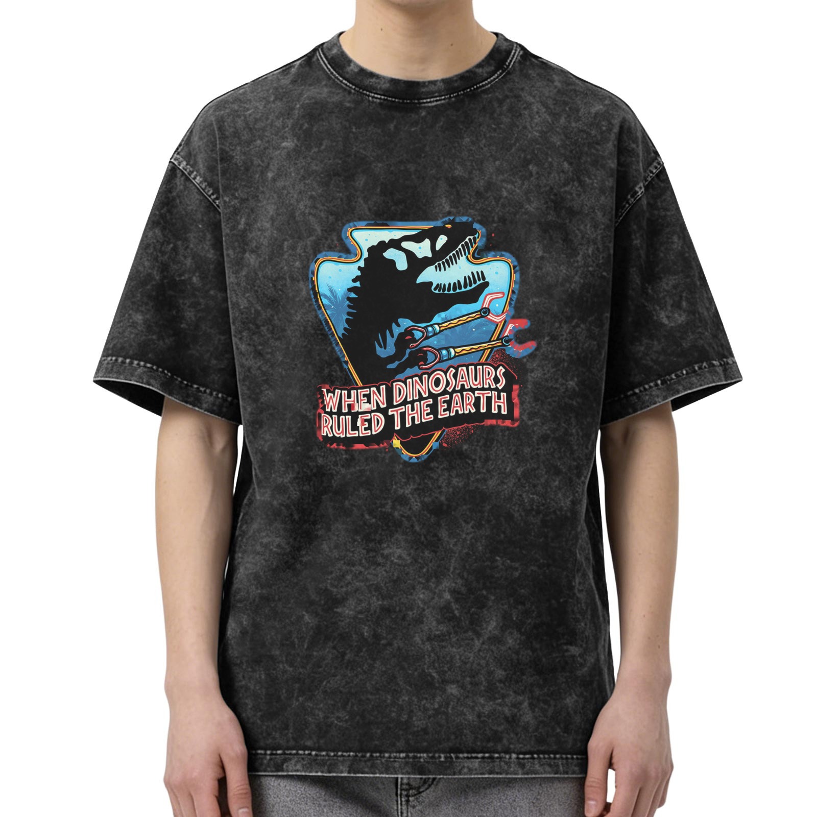 Washed Black Oversized T-Shirt With Dinosaur Graphic When Dinosaurs Ruled The Earth