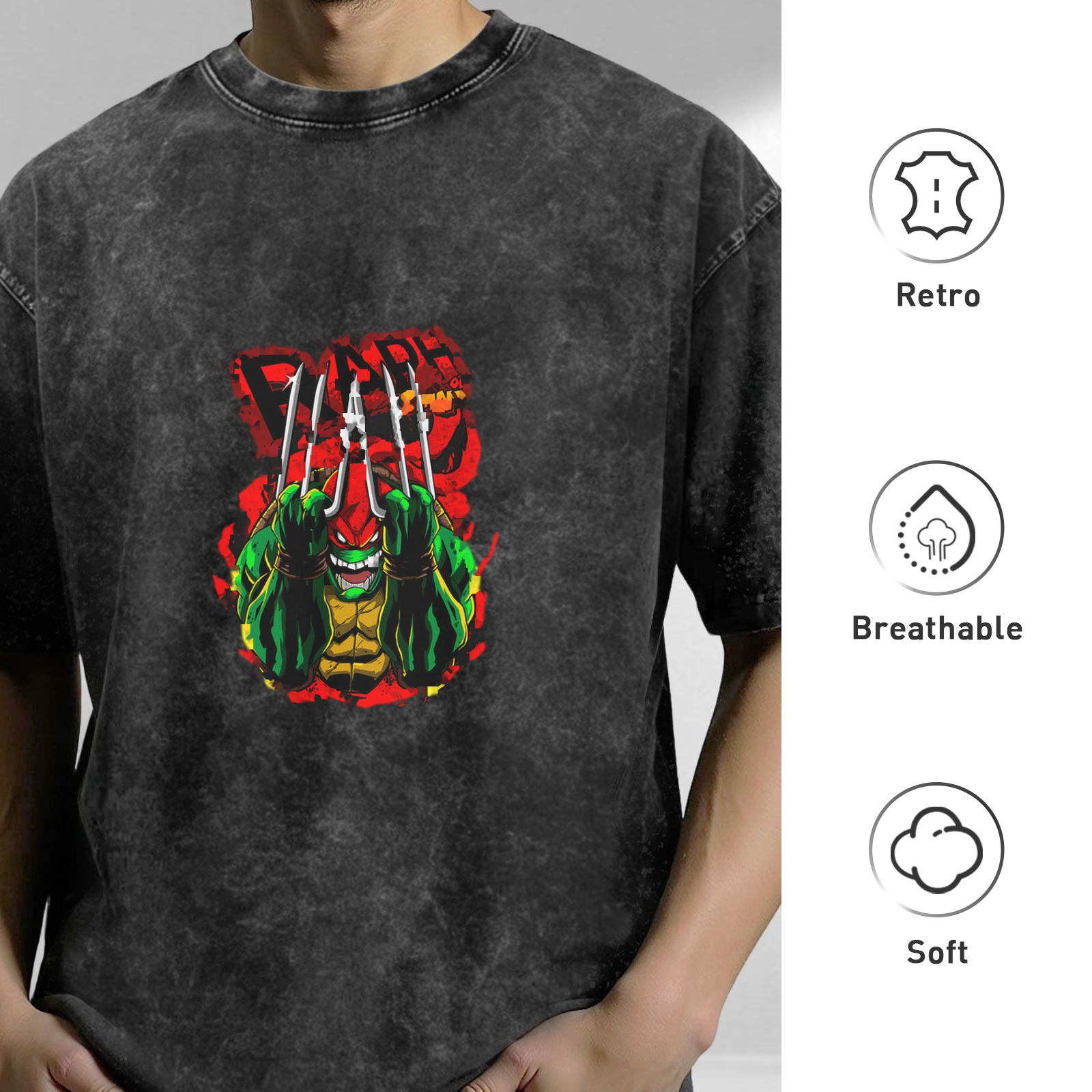 Washed Black T-Shirt With Angry Raphael Ninja Turtle Graphic