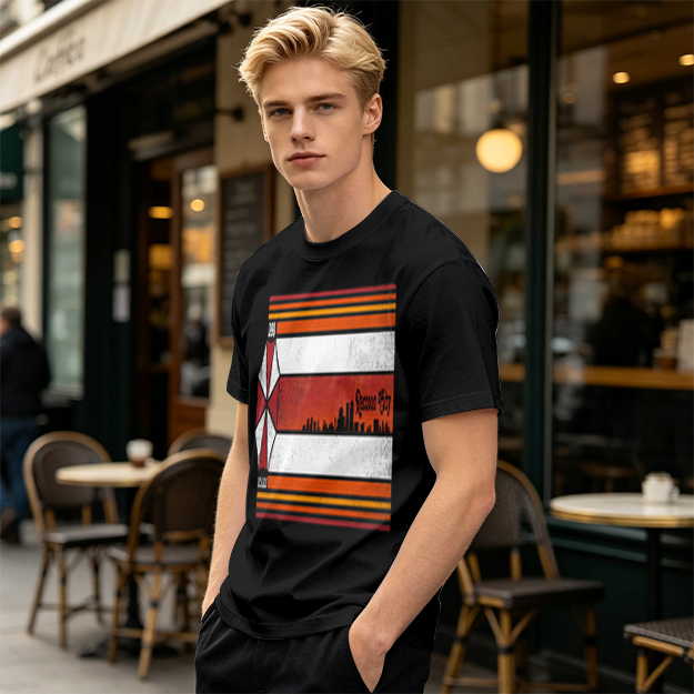 Olive T-Shirt With Retro Striped City Skyline Graphic Print