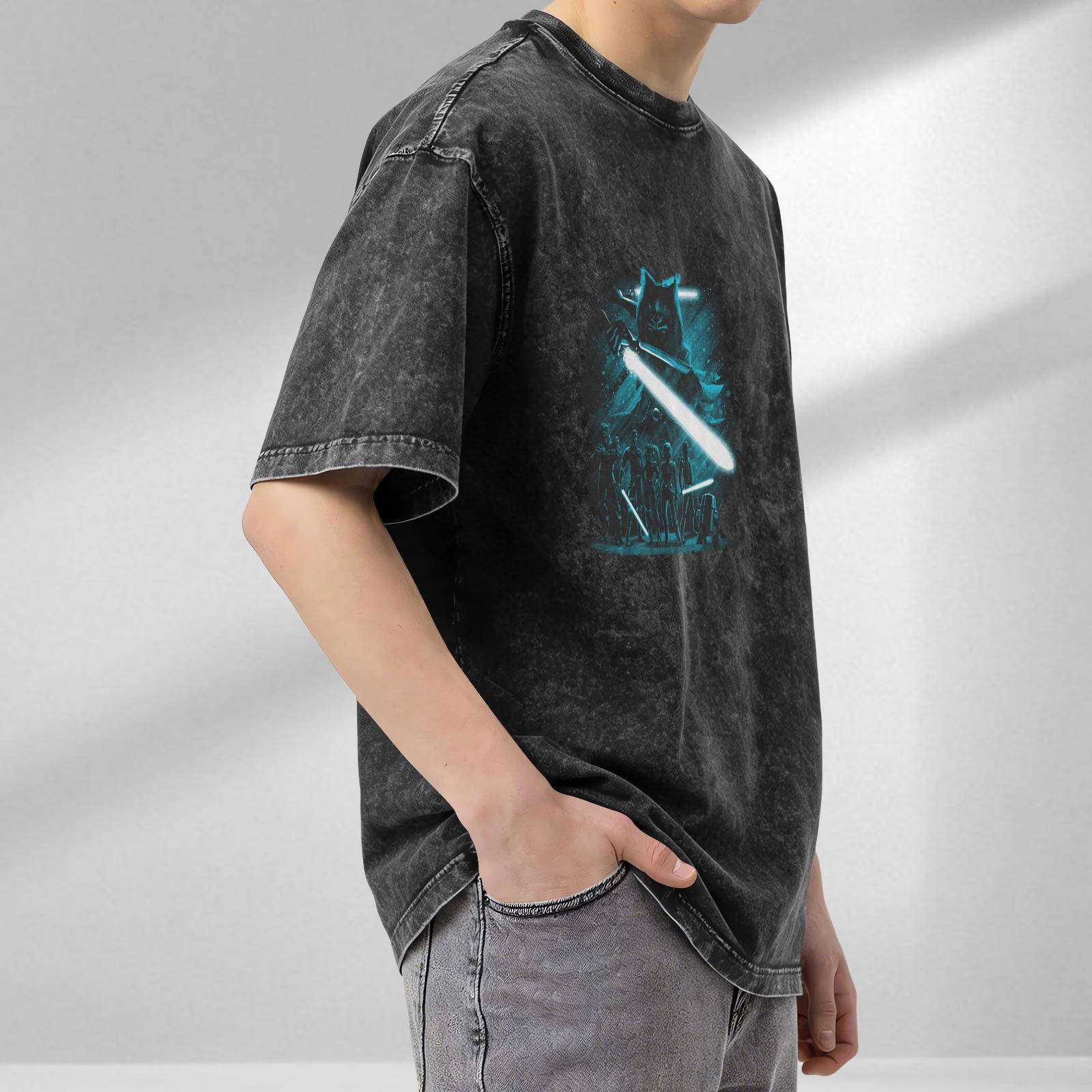 Star Wars Inspired Graphic Print Acid Wash Short Sleeve T-Shirt