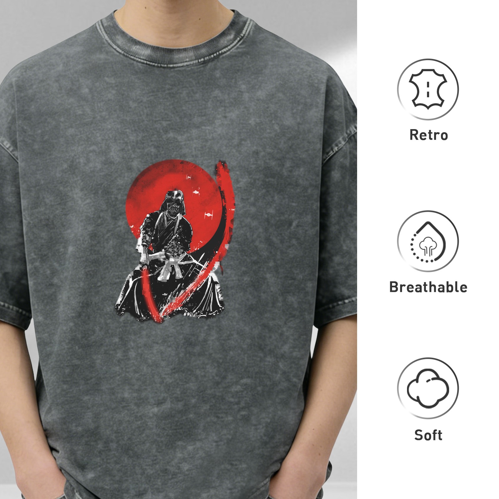 oversized acid wash t-shirt with samurai warrior red sun graphic