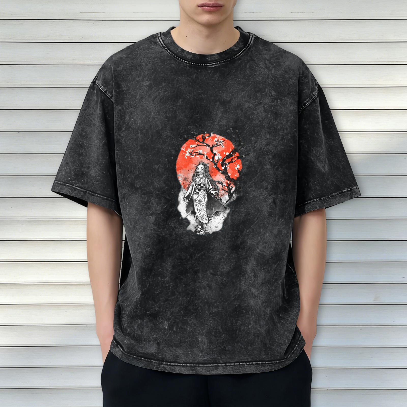 Oversized Vintage Wash Anime Graphic T-Shirt featuring Nezuko Kamado with Red Sun and Cherry Blossom Tree Design