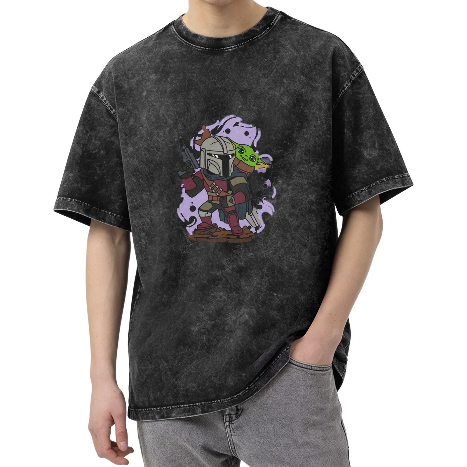 Washed Black T-Shirt with Mandalorian and Child Graphic