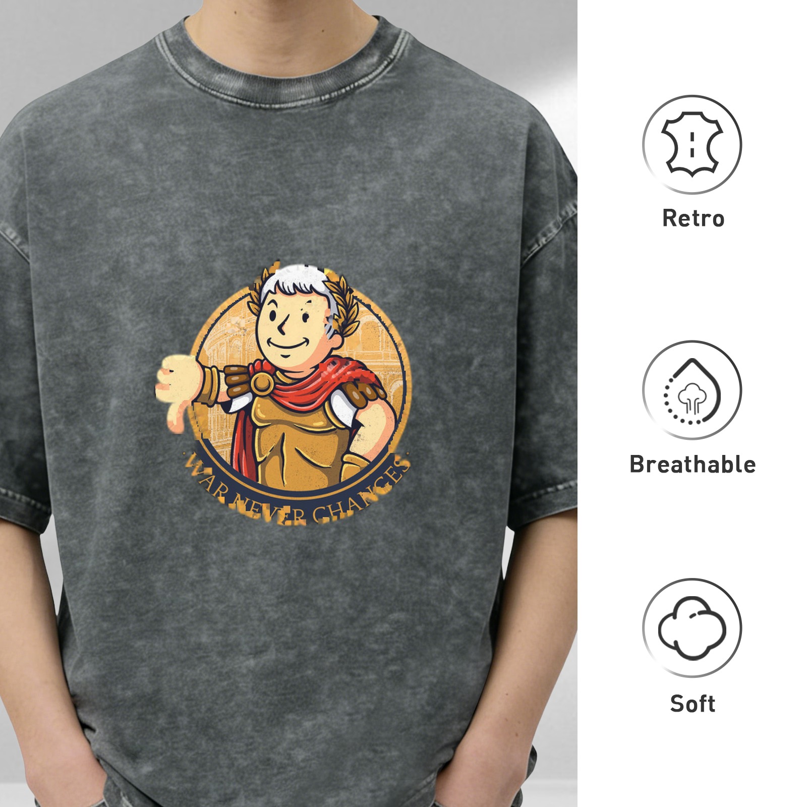 Washed Black T-Shirt with Roman Caesar Vault Boy 'War Never Changes' Graphic
