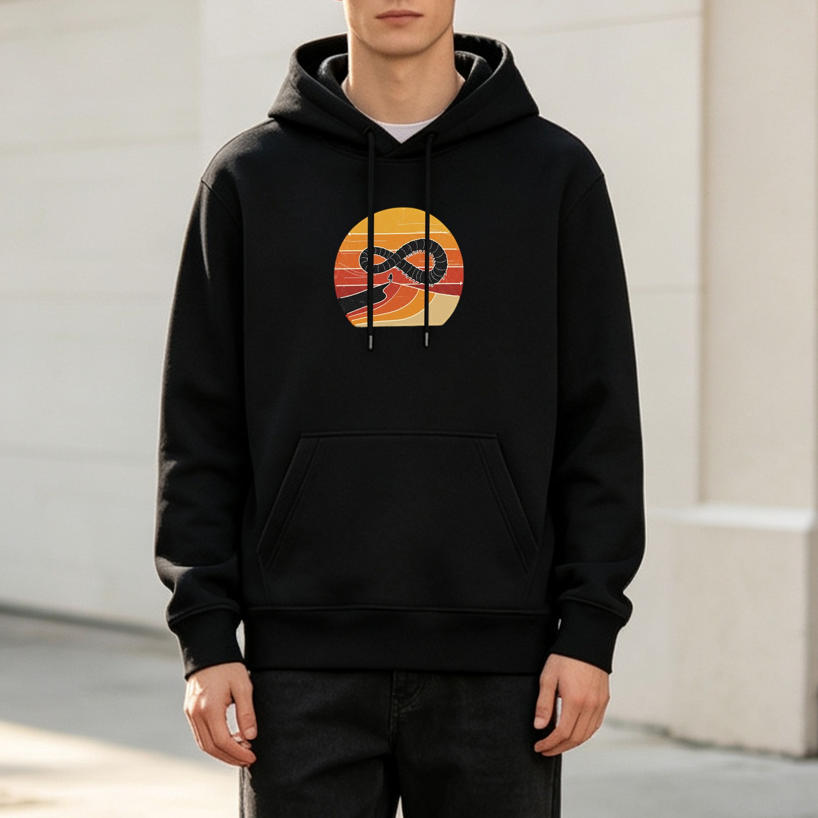 Black Hoodie With Retro Sunset Infinity Snake Graphic