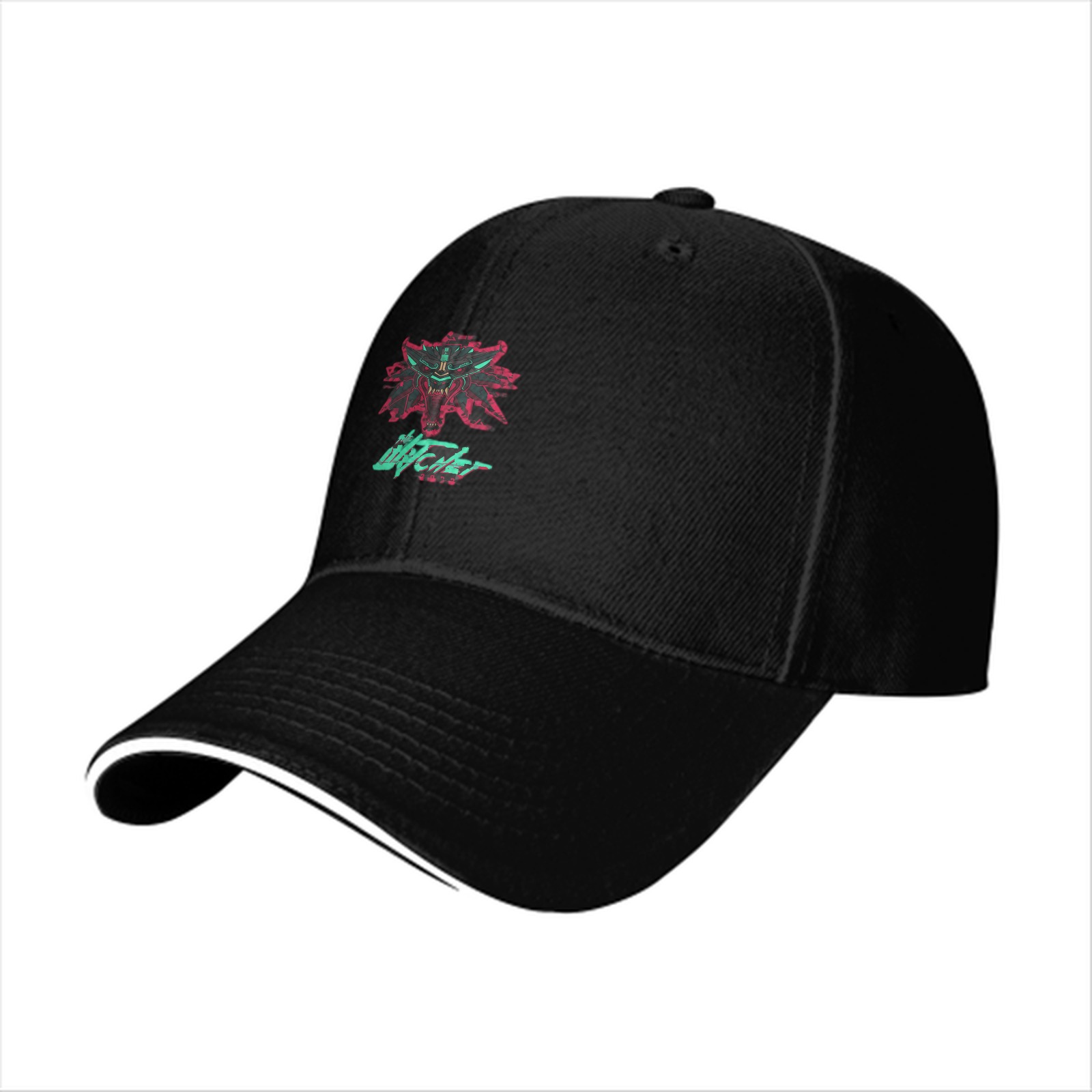 Black baseball cap with cyberpunk witcher wolf emblem graphic