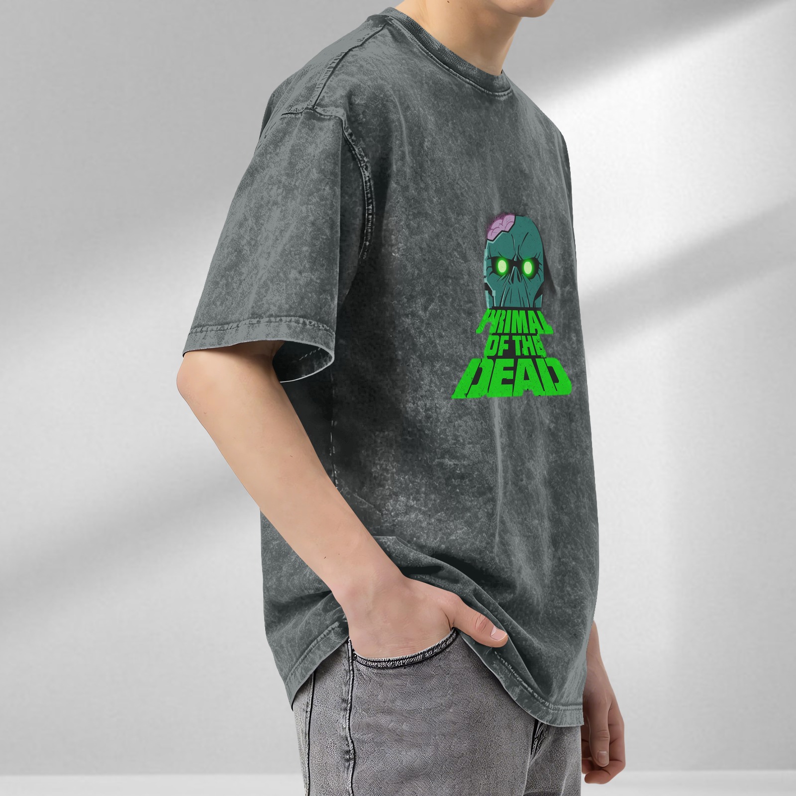 acid wash black t-shirt with primal of the dead zombie skull graphic