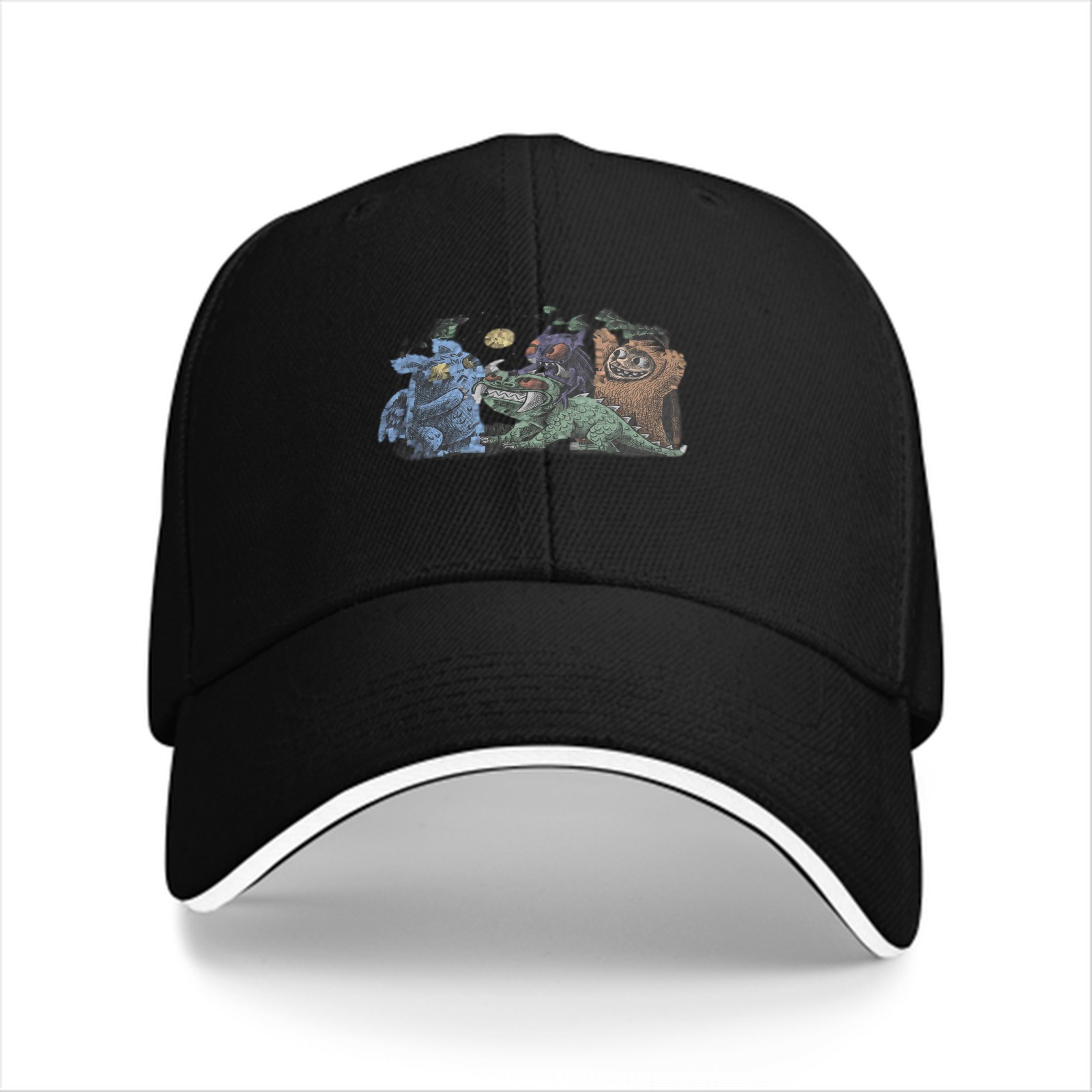 Black Baseball Cap with Fantasy Monster Creature Art Print