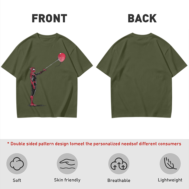 Olive T-shirt with Spider-Man Holding Red Balloon Graphic