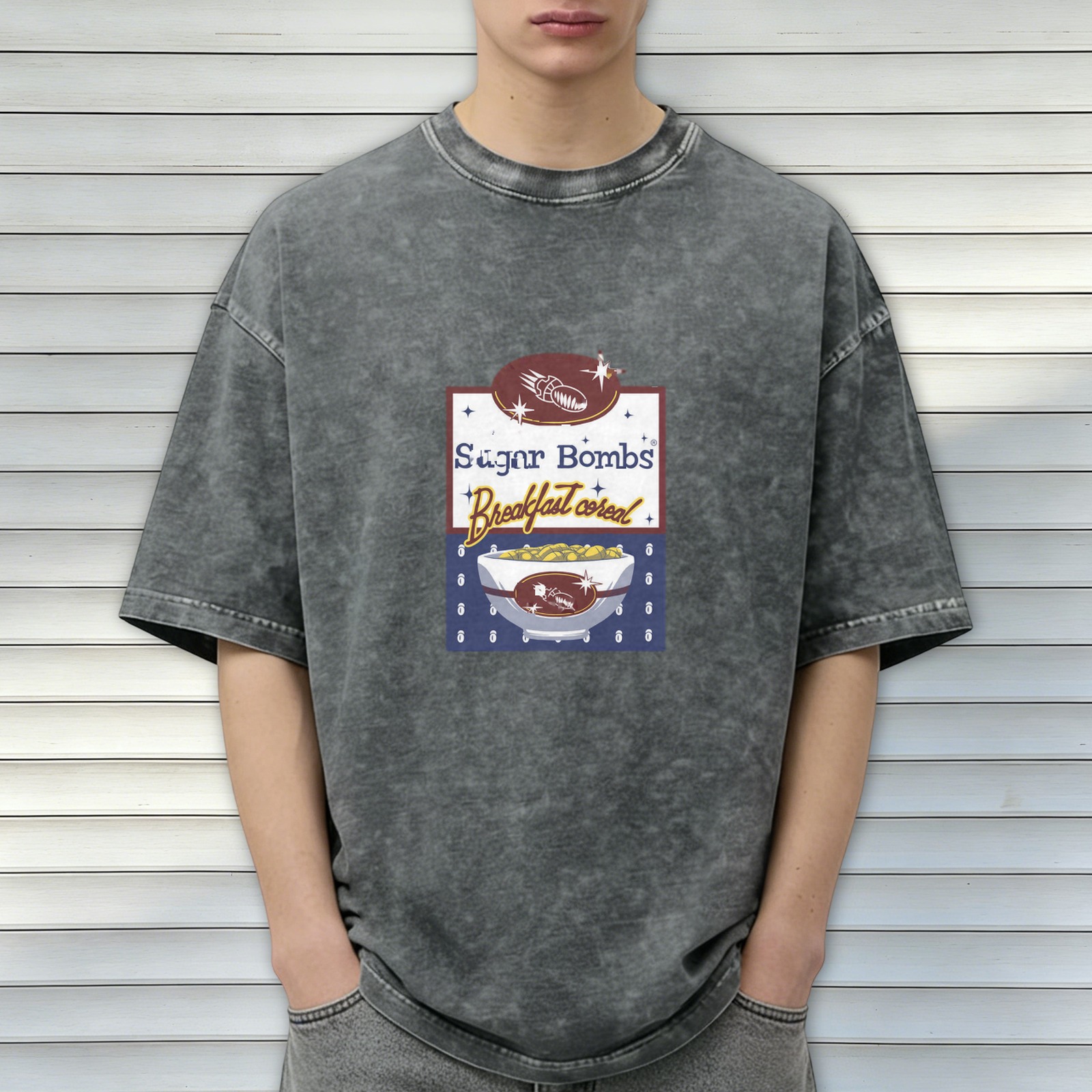 Sugar Bombs Breakfast Cereal Graphic Black Acid Wash T-Shirt