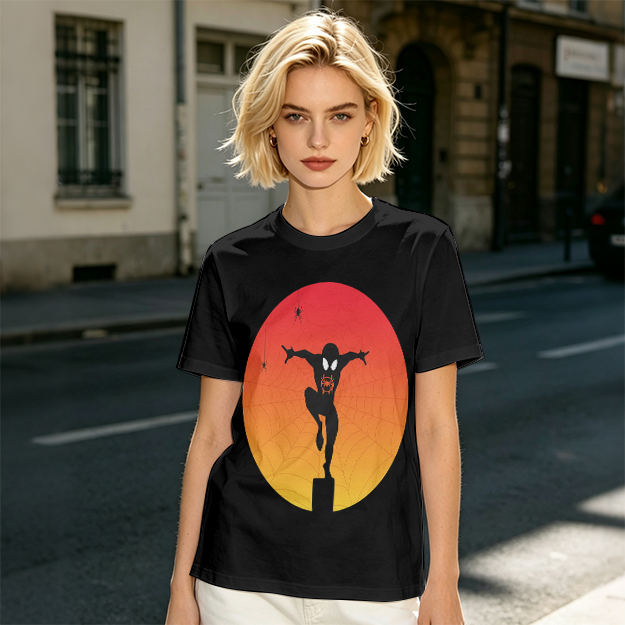 Olive T-Shirt with Spider-Man Silhouette Sunset Graphic