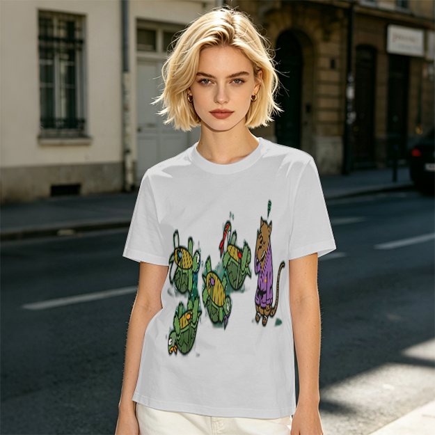 Olive Graphic Tee With Ninja Turtles and Splinter Print