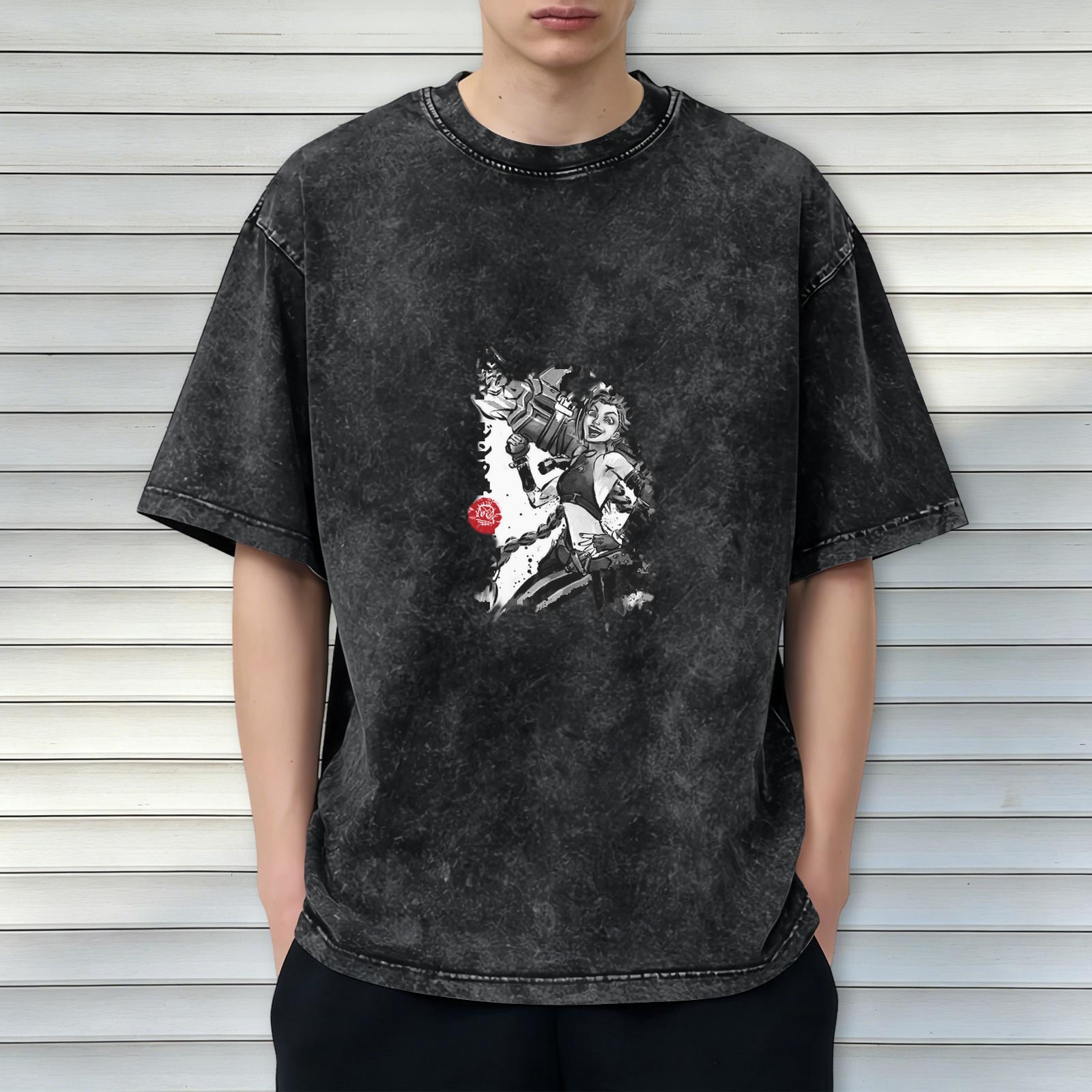 Oversized Dark Wash T-Shirt with Anime Character Graphic Print