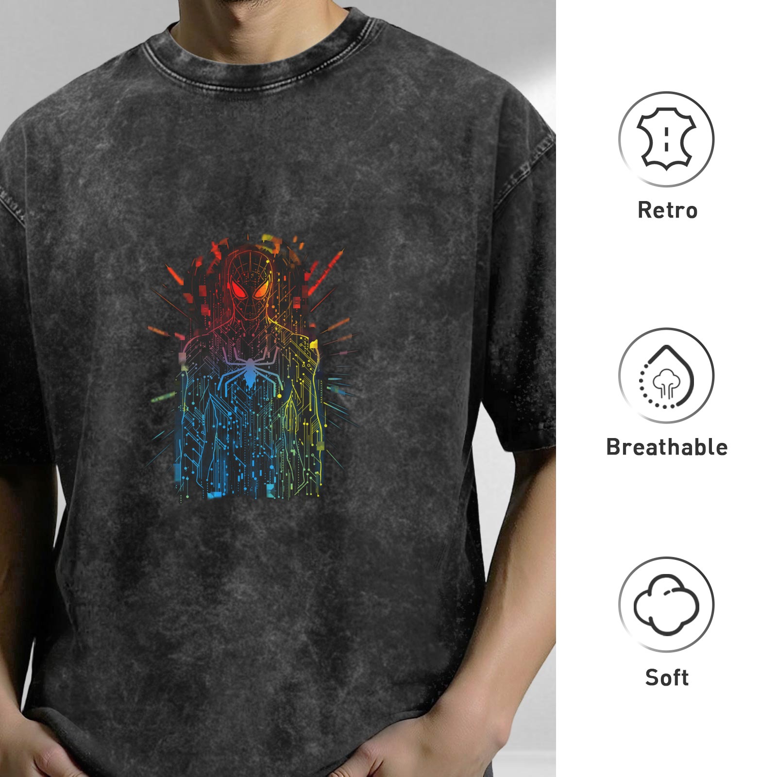 Washed Black Oversized T-Shirt with Neon Spider-Man Circuit Design