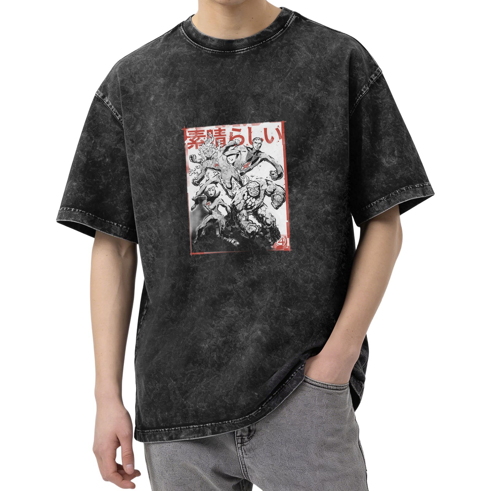 Oversized faded graphic t-shirt with manga-style superhero artwork