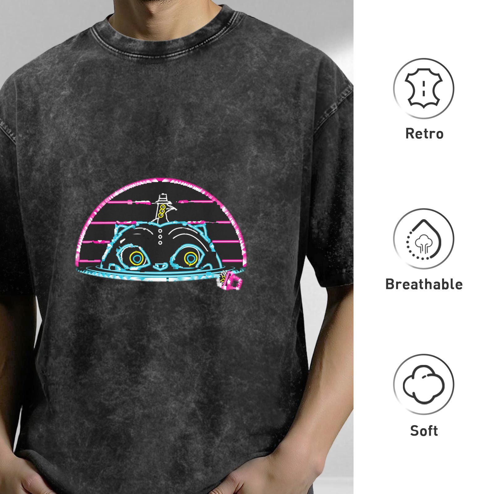 Washed black graphic t-shirt with neon cyber cat design