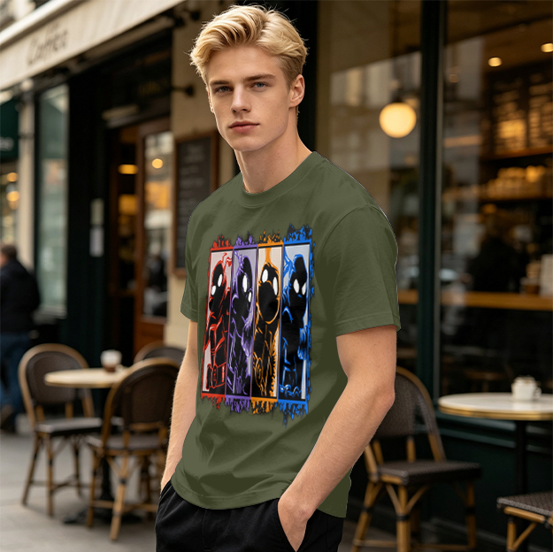 Olive T-Shirt With Four Superhero Silhouette Panels