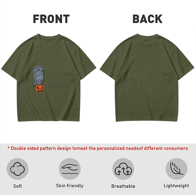 Olive Halloween Graphic T-Shirt with Tombstone and Jack-o'-Lantern