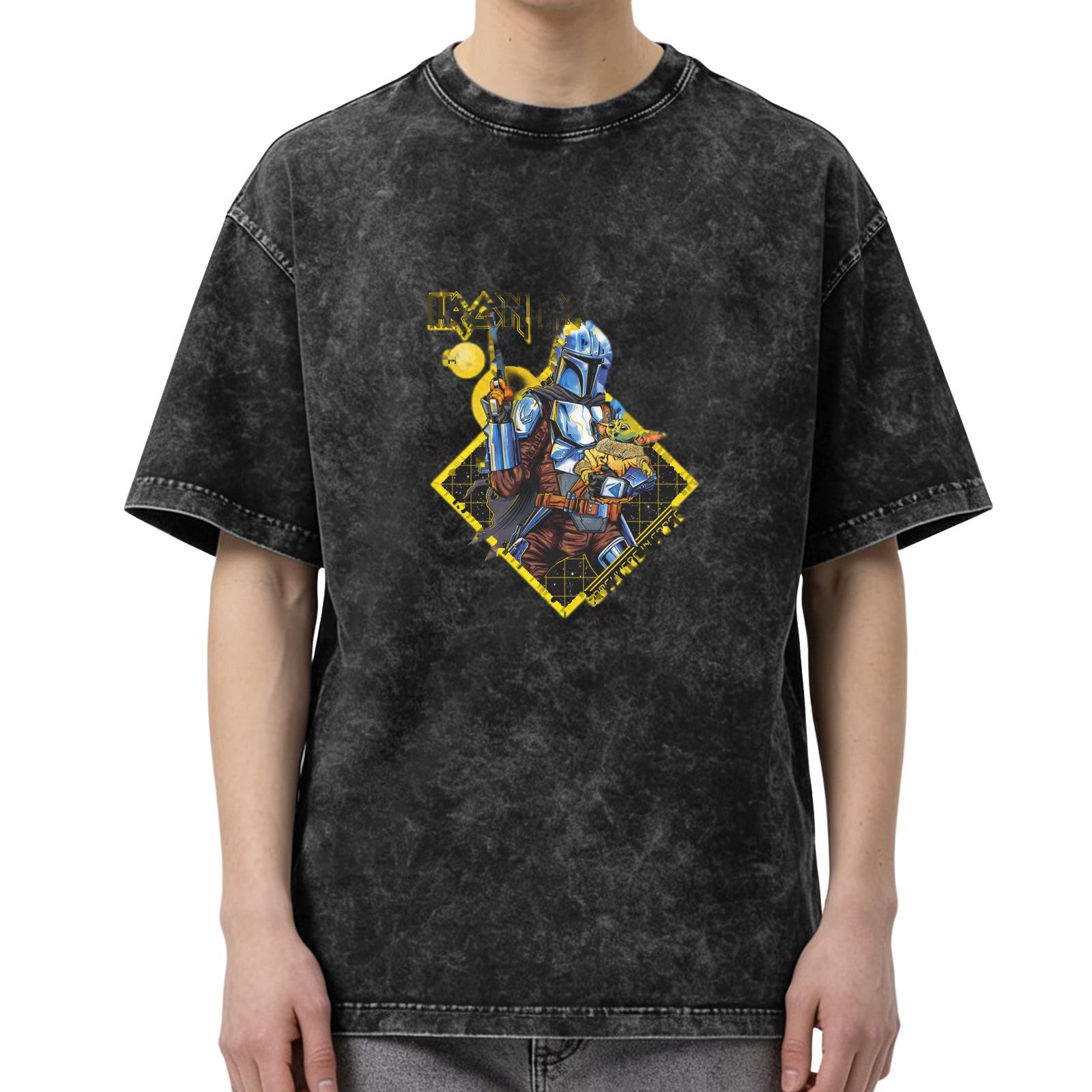 Washed Black Oversized T-Shirt with Mandalorian & Grogu Graphic Print