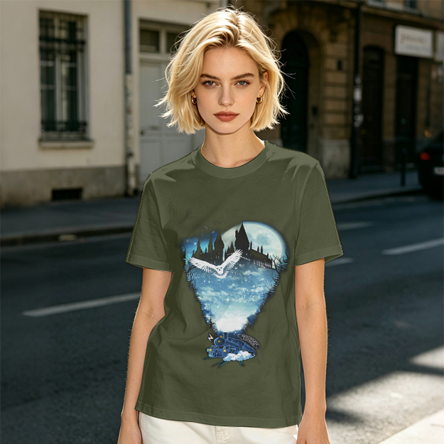 Olive T-Shirt With Magical Castle Owl Night Sky Graphic