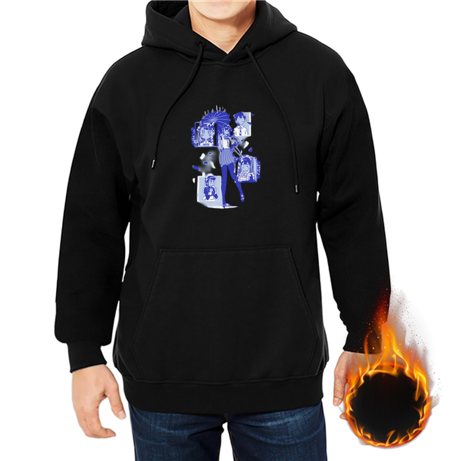 Black hoodie with blue anime graphic print