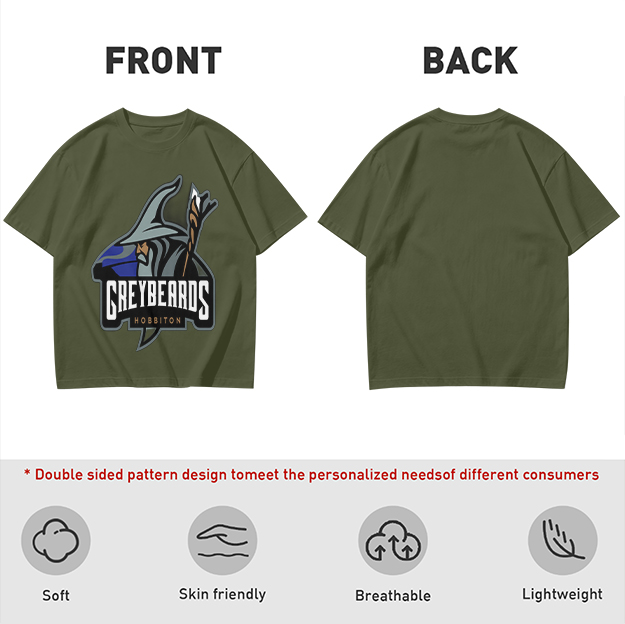 Olive t-shirt with Greybeards Hobbiton wizard graphic