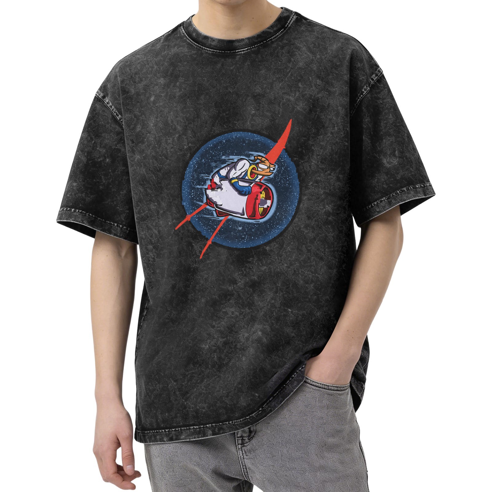 Oversized Acid Wash T-Shirt With Retro Space Duck Graphic Print