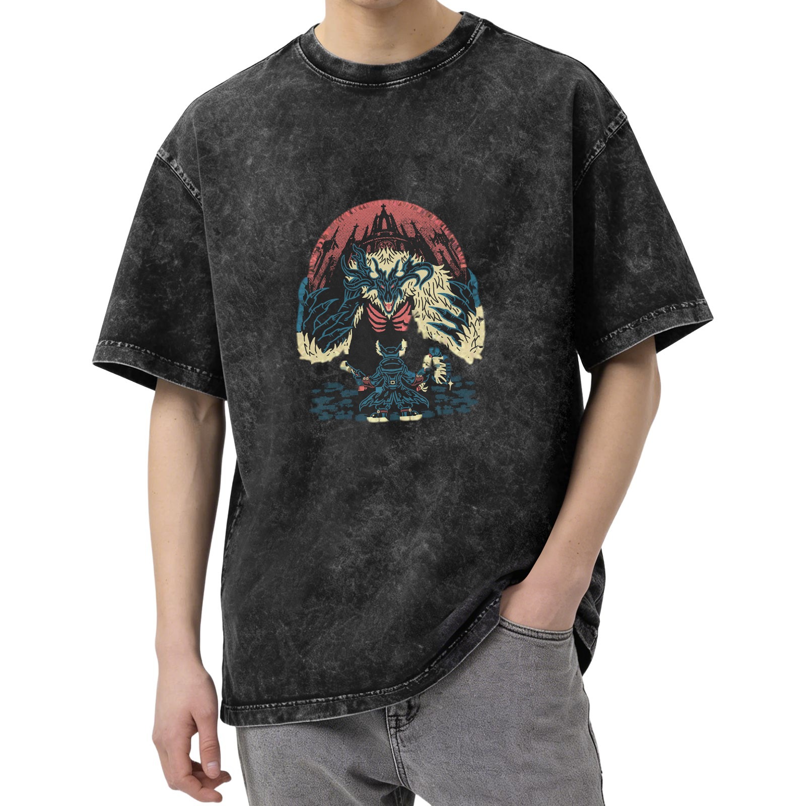 Washed Black Graphic T-Shirt With Fantasy Monster Castle Print